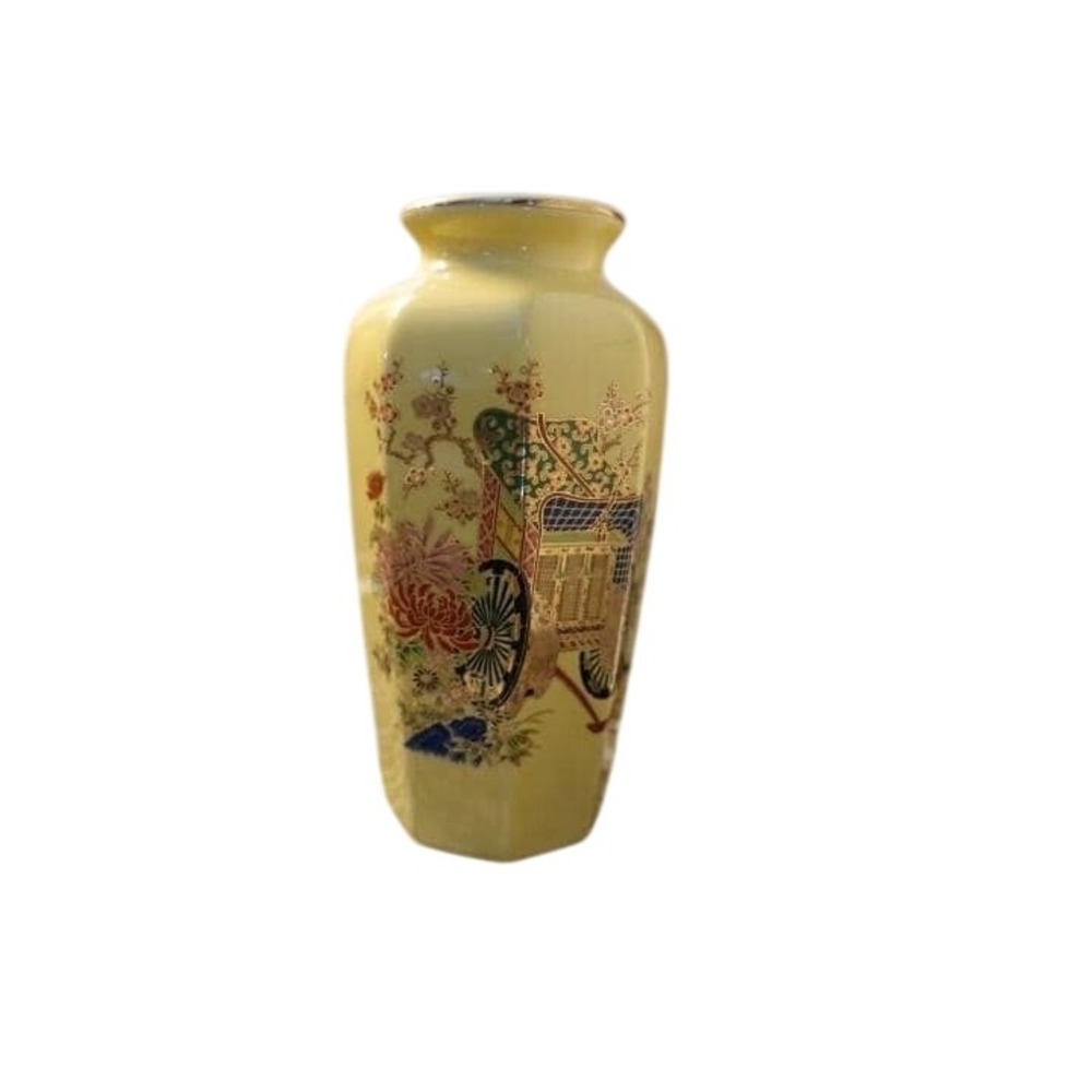 Vintage Japanese Mustard Yellow Hexagonal Vase Gold Rickshaw Floral Art 6"